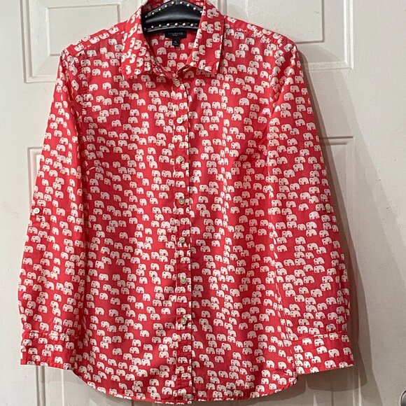 NEW Talbots  Sz Mp Blouse Shirt Roll Up Long Sleeve Pink/ White Elephant Print - Picture 1 of 10